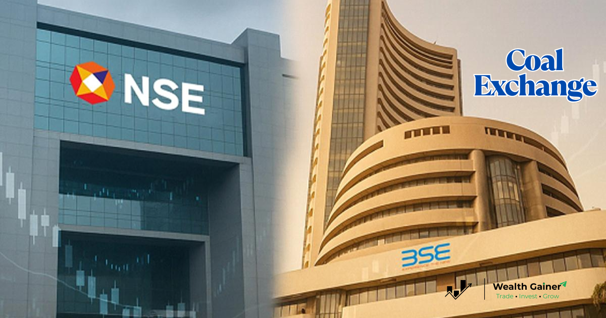 Graphical representation of commodity exchange, coal price trend and NSE building silhouette